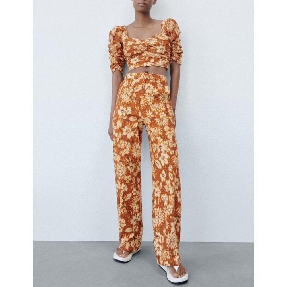 Zara Floral Patterned High-Waisted Palazzo Pants, XS